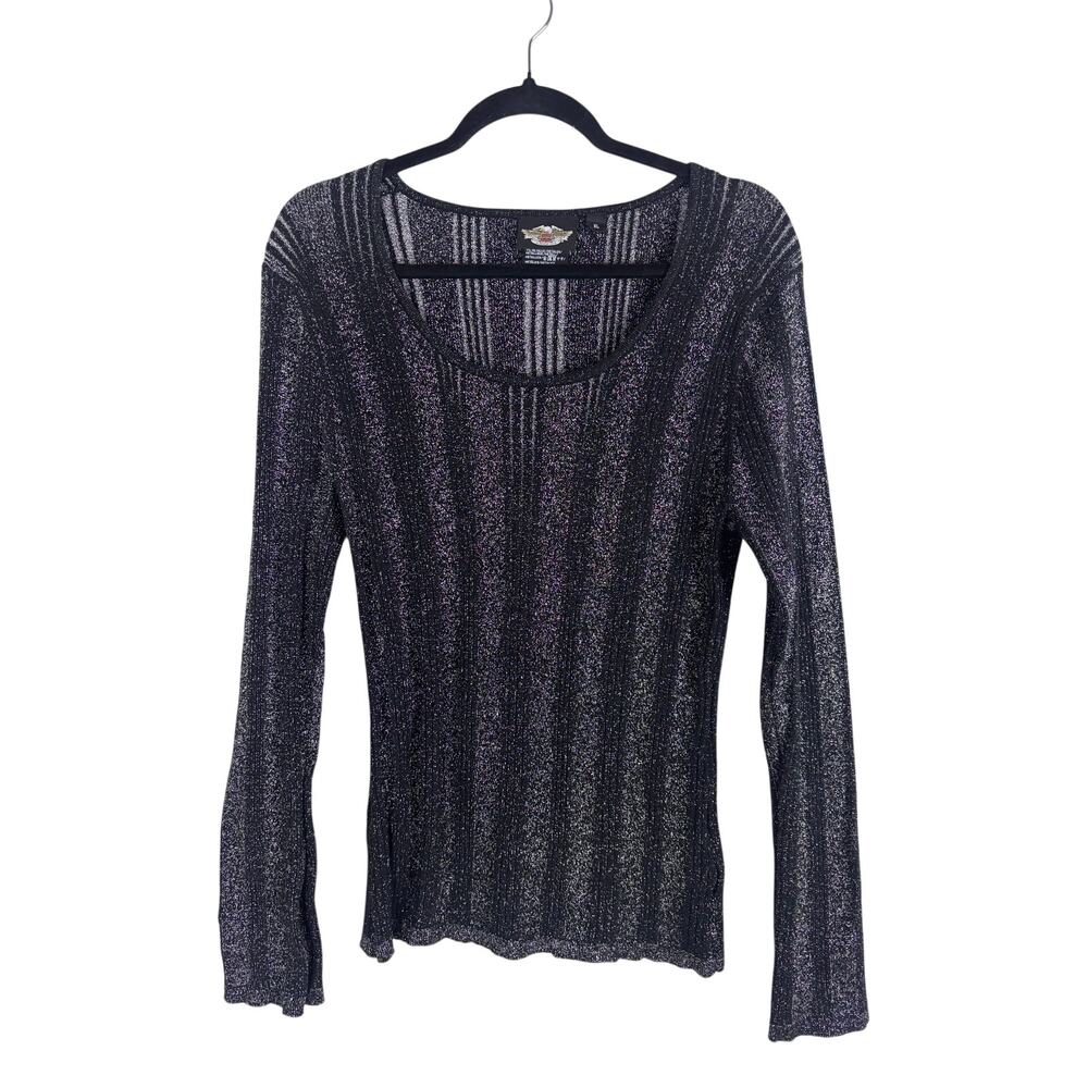 Harley Davidson Womens XL Metallic Silver Black Ribbed Knit Sweater Y2K Biker